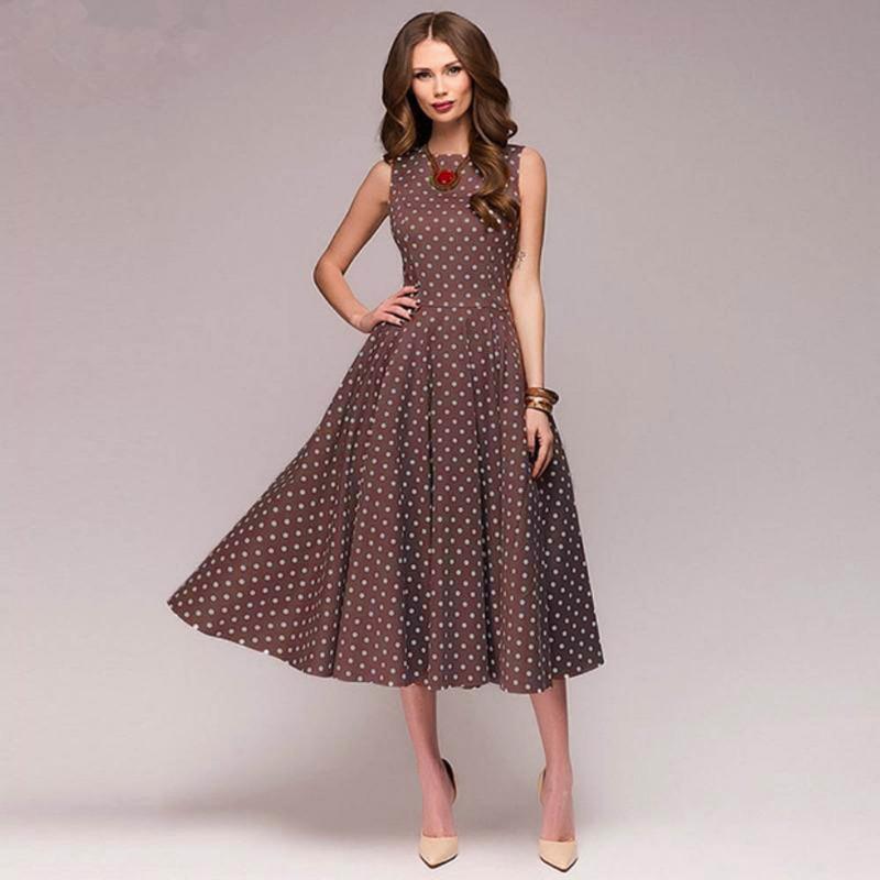 

Women s Fashion Summer Spring Polka Dot Print Sleeveless O-Neck High Waist Casual Dresses XXL темно-коричневого