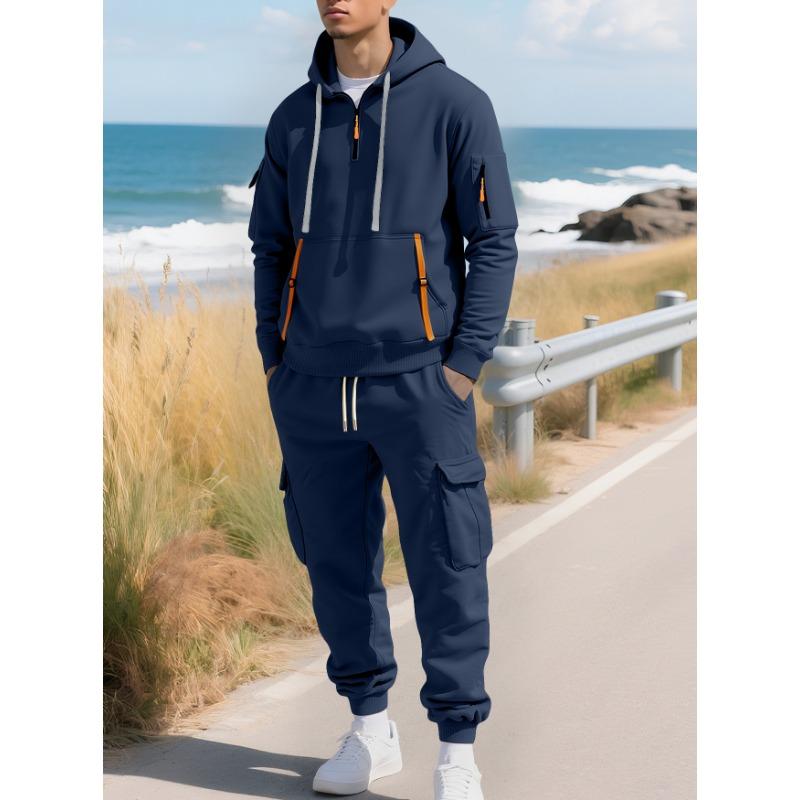New Autumn Winter Men's Fleece Sweatshirt Fashion Hoodie Zipper Multi-pocket Overalls Suit