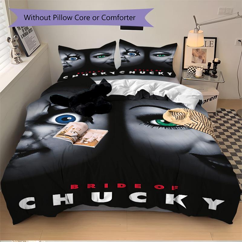 Braut Chucky Horror Print 3-teiliges Bettwäsche-Set Bettbezug mit 2 Kissenbezügen Heim-Geburtstagsgeschenk