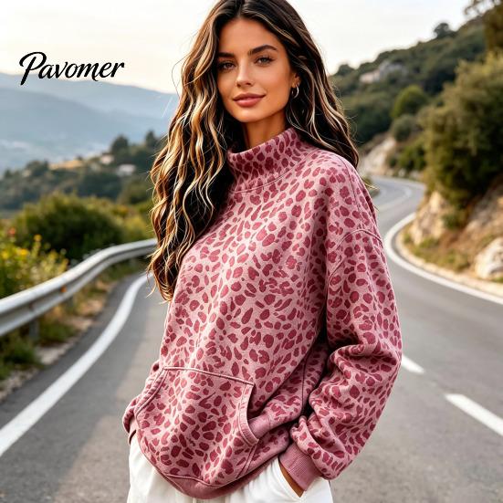 Warm Fall Clothing Women Leopard Print Sweatshirt, Mock Neck Long Sleeve Pullover with Sweatshirt Kangaroo Pocket, Drop Shoulder Casual Top for Winter