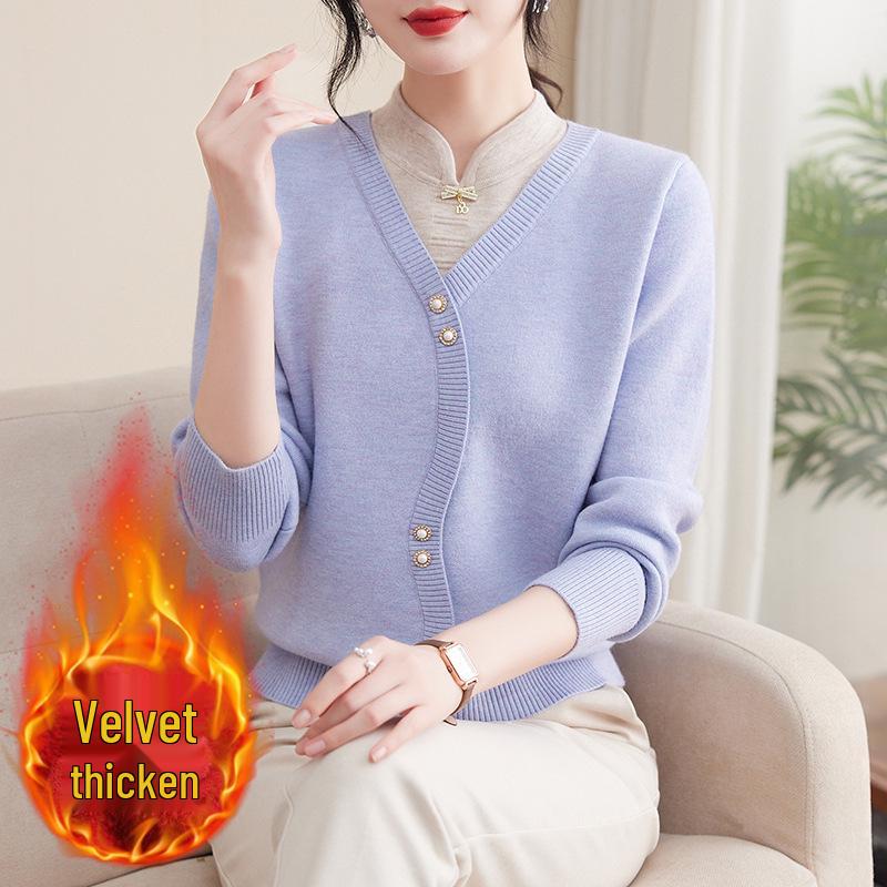 Mom's Winter Qipao-Style Two-in-One Velvet Sweater for Middle-Aged Women