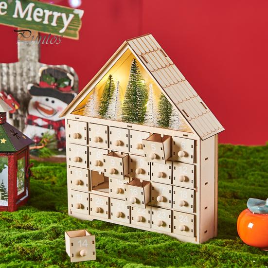 Juladventskalender i trä med 24 tomma förvaringslådor Husform Julnedräkningskalender Heminredning