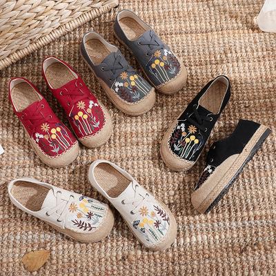Flats Women Shoes Embroider Retro Lace-up Round Toe Cotton Linen Handmade Concise Comfortable Ladies Shoes