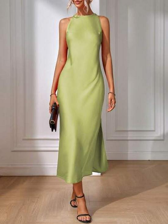 European & American Satin Sleeveless Silk-like Slit Dress for Women - Spring/Summer