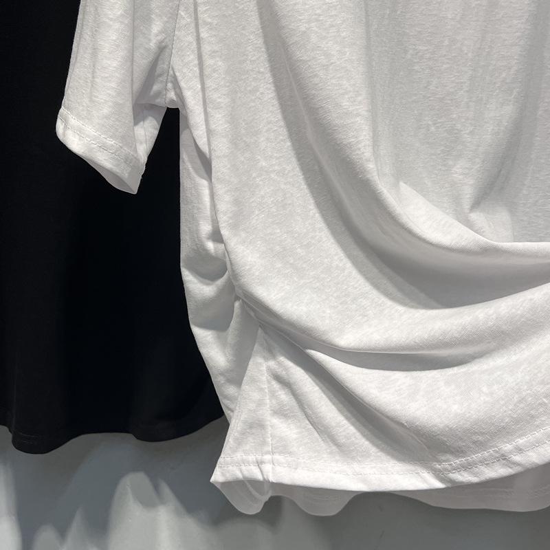 European Plus Size U-Neck Ruched Short-Sleeve Cotton T-Shirt for Summer 2025
