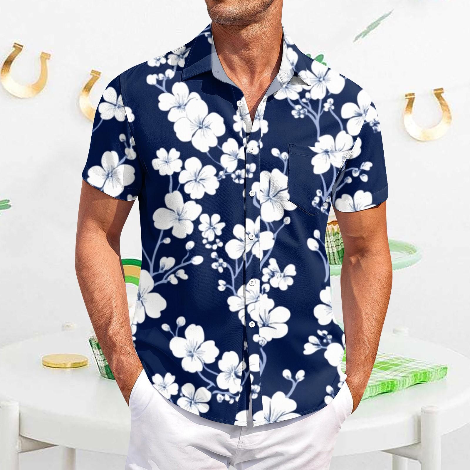 

Мужская повседневная рубашка с короткими рукавами, облегающая, стильная, с гавайским принтом XL тёмно-синий