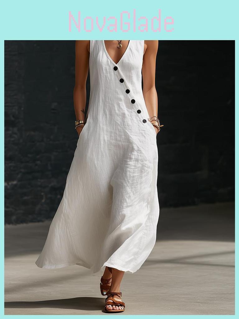 Maxi Abito Boho Pigro Scollo a V Senza Maniche per Estate Viaggio Casual
