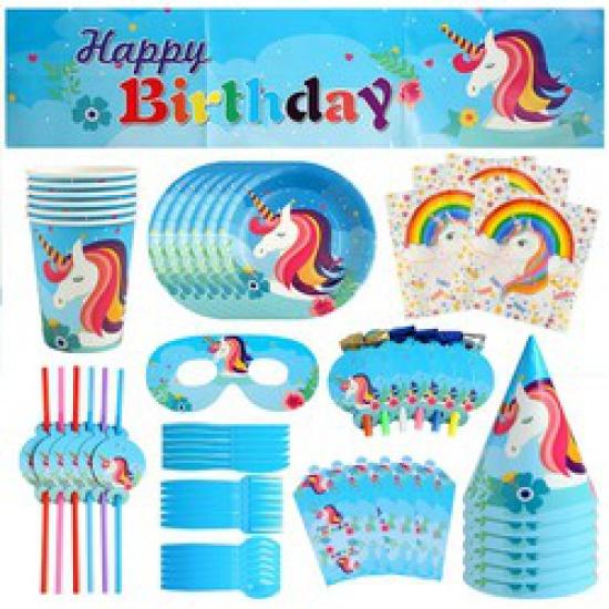 

Hot selling 2023 unicorn party supplies unicorn tableware sets pink paper plate banner birthday party