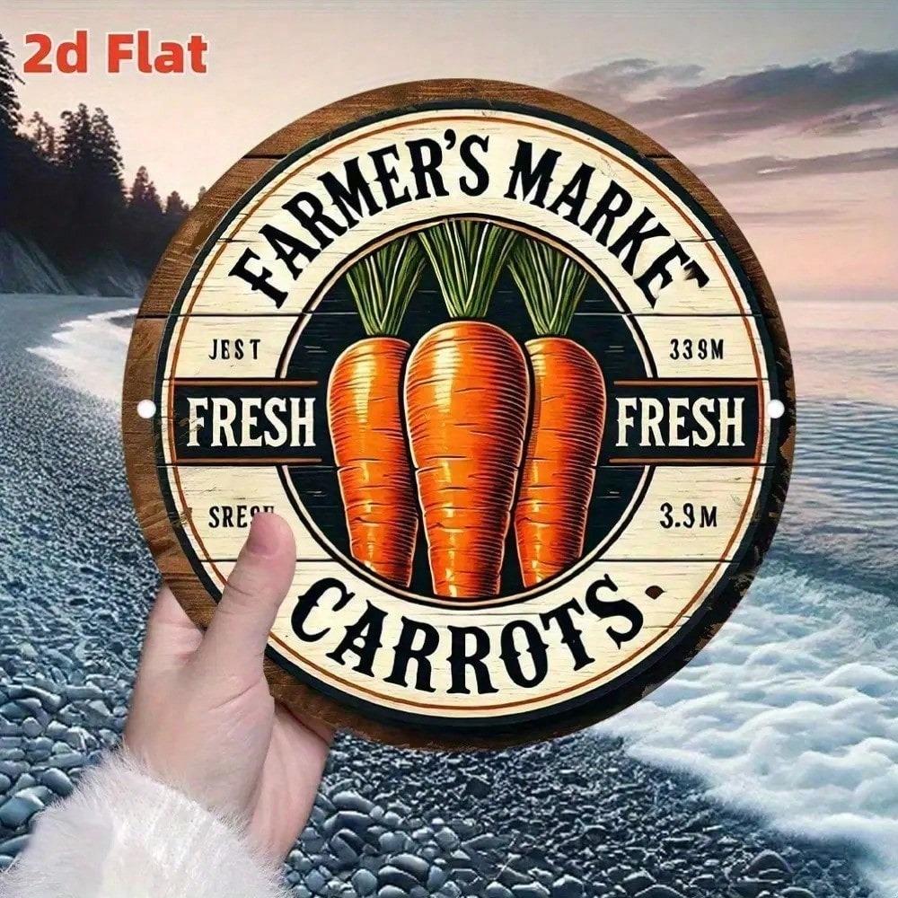 Vintage Farmers Market Metal Tin Sign, Rustic Farmhouse Decor with Carrots, Waterproof Aluminum Poster, 7.87in