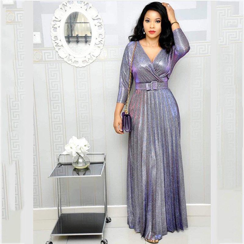 

Pleated Dress2024 Spring Fashion Women s Fashion Long Sleeve Bronzing Pleated Puffy with Belt Dress Purple S