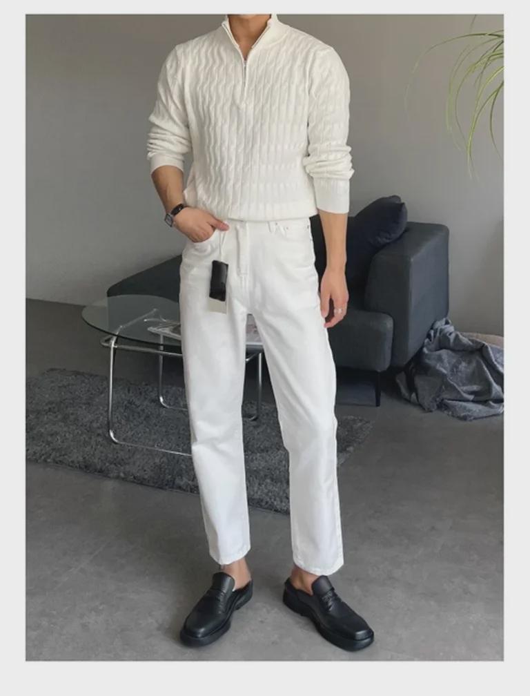 Modischer weißer Rollkragenpullover mit Reißverschluss für Herren