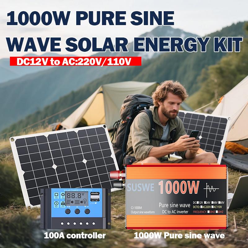 Solar System Kit 1000W 12V to AC 220V/110V Inverter+600W Solar Panel+100A Controller Suitable for Charging RVs Cars Laptops 4