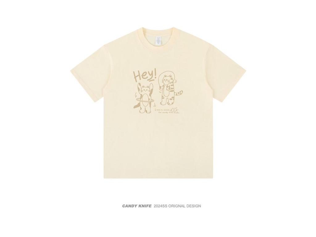 Unisex Summer Trend Cat Print Cotton Tee, Drop Shoulder, Loose Fit