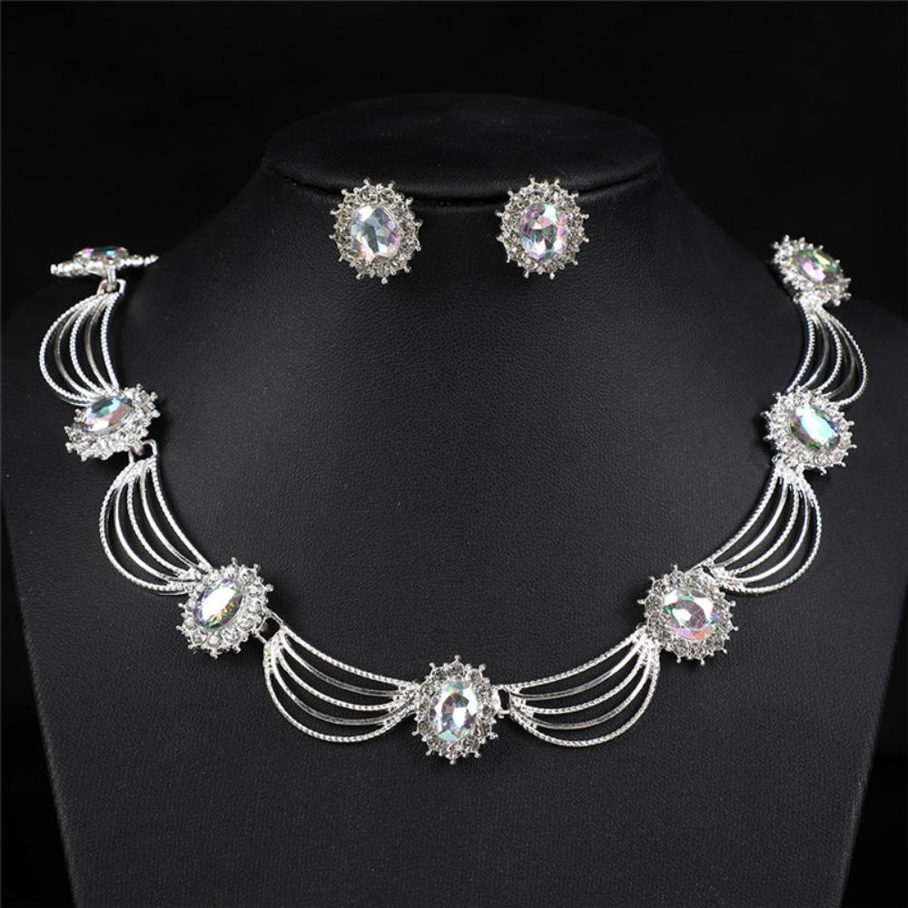 Gold-Tone Gemstone Necklace Set Geometric Statement Jewelry Set Earring Matching Set  Women