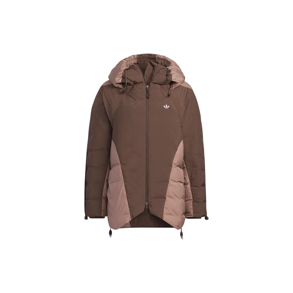 Adidas Originals X Hamcus Collaboration FW23 Color Block Quilted Logo Drawstring Hooded Zipper Down Jacket Unisex Outerwear Brown IX4344