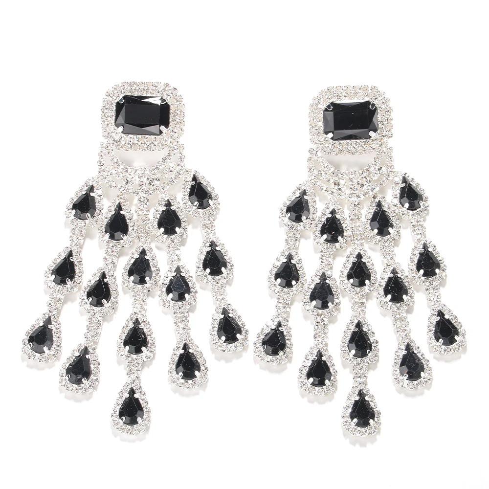 Black Large Geometric Rhinestone Dangle Earring for Women Statement Accessories Drop Crystal Tassel Earrings Party Jewelry