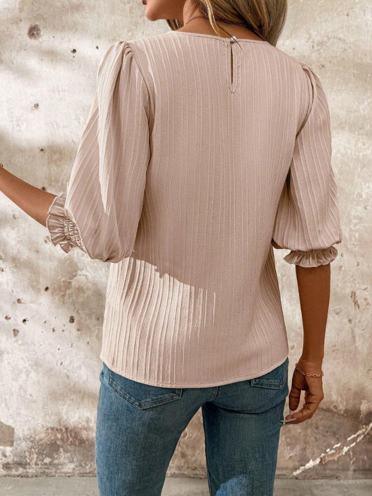 Top dla dziewczynki z bufiastymi rękawami w podwójne paski, rękawami z kwiatami i jednolitym kolorem