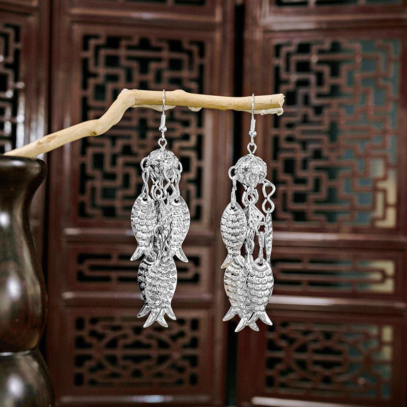 Ethnic style imitation Miao silver earrings, retro long tassel earrings, attractions, ancient style earrings, Miao earrings, women