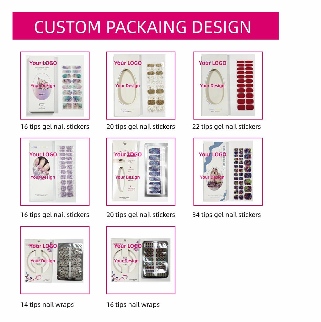 Custom Logo Semi Cured Gel Nail Sticker Waterproof Full Cover Gel Nail Wraps