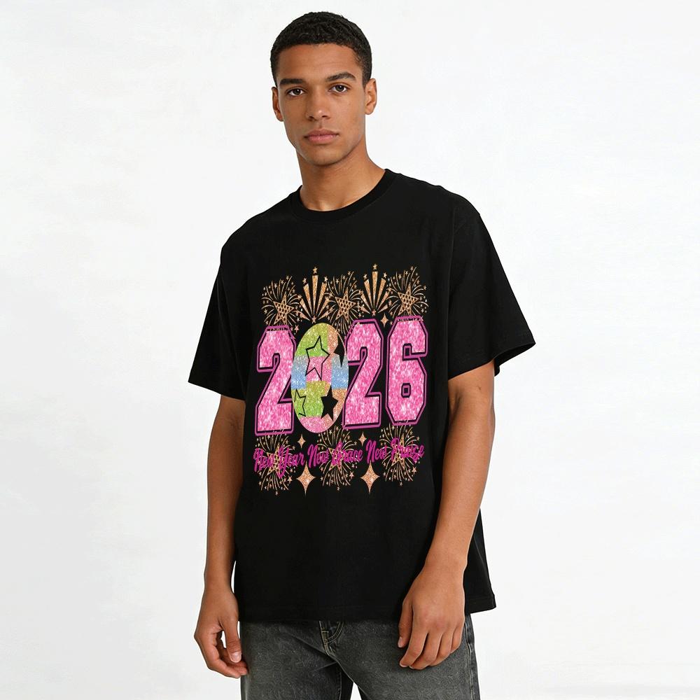 2026 New Year New Grace New Praise Glitter Firework Print Top Pure cotton T-shirt