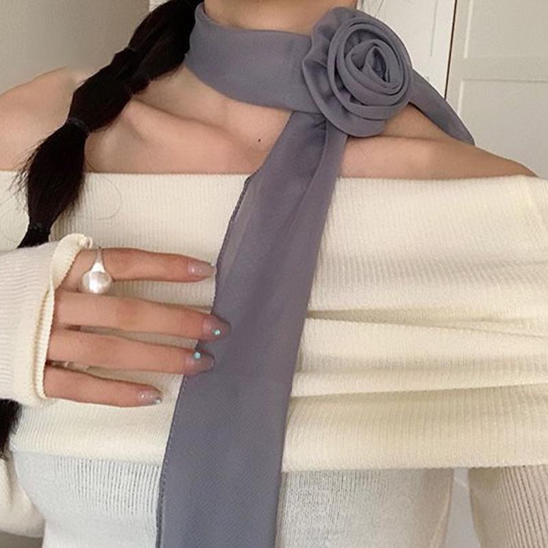 

Женский французский длинный шелковый шарф с розовым цветком, рубашка с оборками, Y2K мода, темпераментные аксессуары, летний солнцезащитный платок от солнца серый