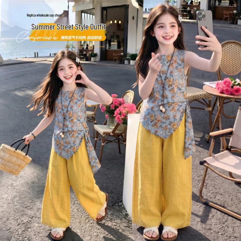 Mädchen-Tanktop mit Blumenmuster, ärmellos, und Hose mit weitem Bein, Set (Sommer 2026) - Stylisches zweiteiliges Set für ältere Kinder