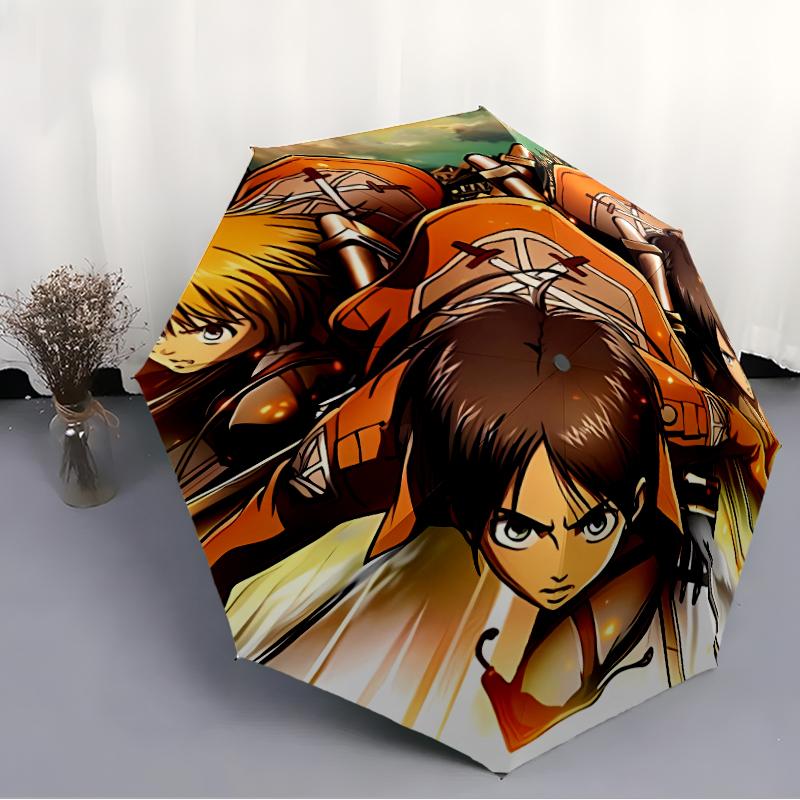 Attack On Titan Print Automatic Umbrella, 8 Rib Iron Frame, Plastic Handle, Suitable for Outdoor Travel &Daily , Ideal Gift