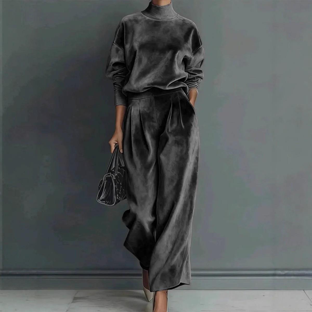 

Women s Autumn/Winter Fashion Casual Velvet Tracksuit: Long Sleeve, Solid Color, High Neck, Wide Leg Pants L темно-серого