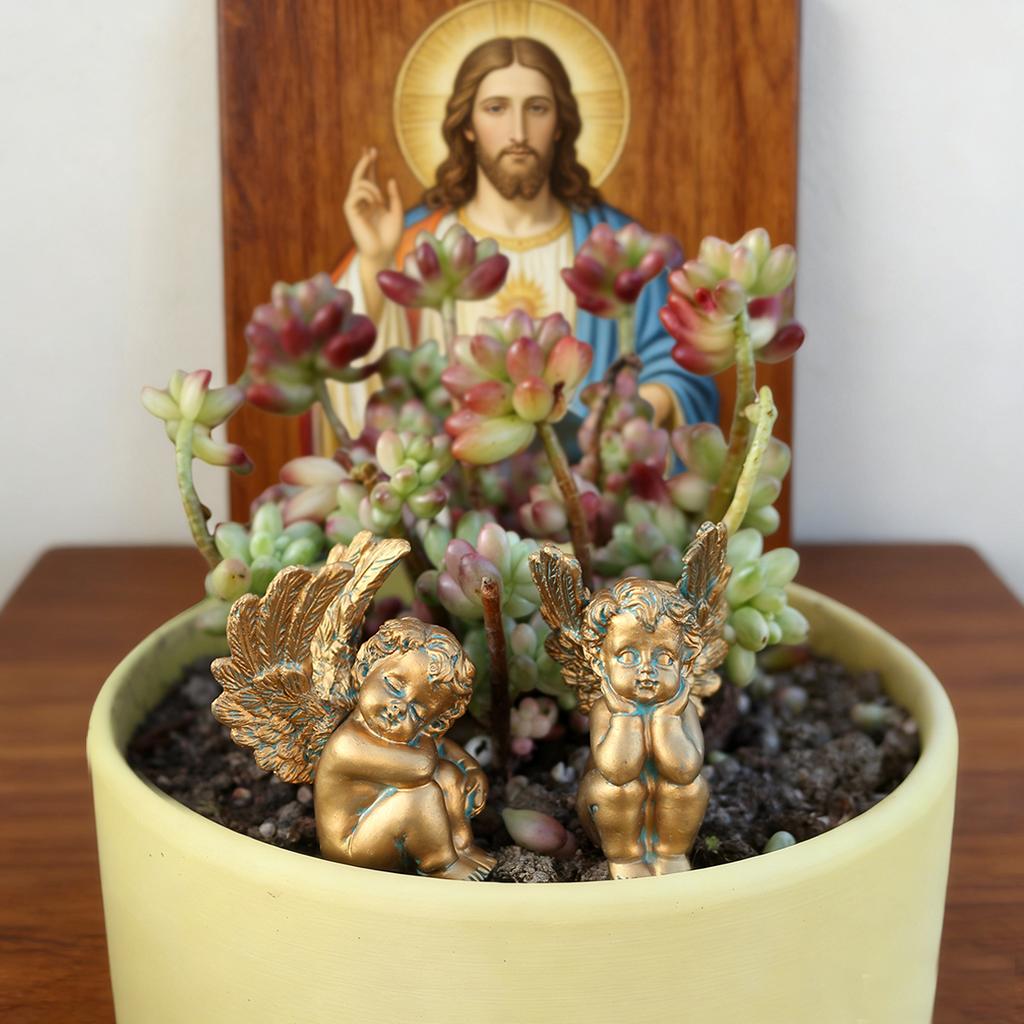 2 Goldene Denkende Engel, Kreative Gartendekoration-Stecker, Bonsai-Statue