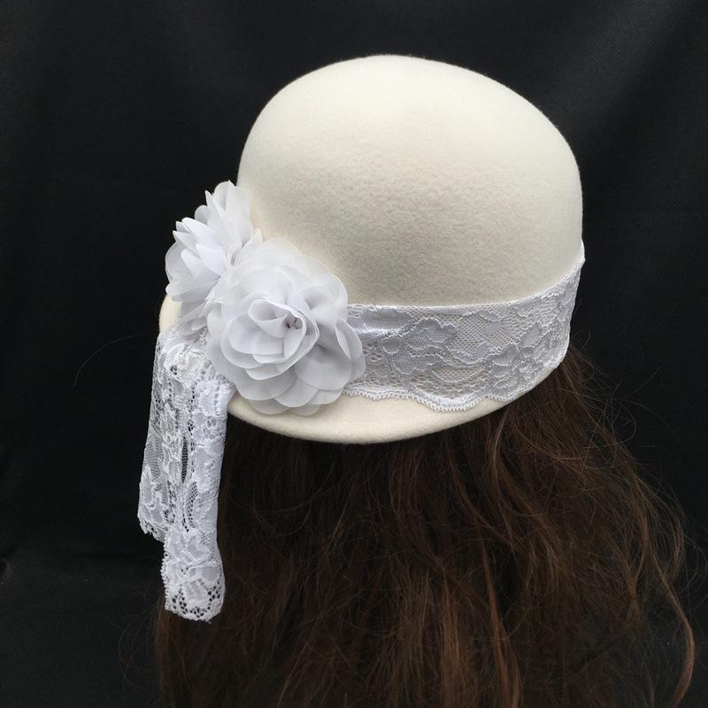 French Retro White 100% Wool Hat Ladies Elegance Black Floral Lace Beret French Wedding Wool Top Hat Ladies Felt Hat