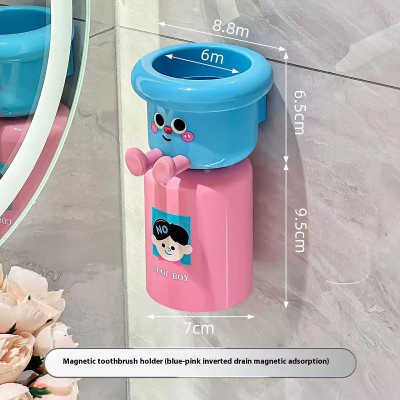 

Мультяшный держатель для зубных щеток, без перфорации, магнитный, перевернутый стакан для зубных щеток, настенный, для хранения в ванной, стакан для полоскания рта, стойка для хранения розовый