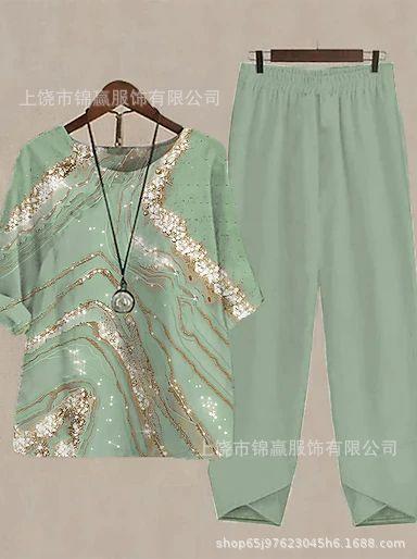 Spring and summer national style bamboo leaf plant printed women's clothing, breathable round neck medium sleeve top, elastic waist loose eight-point