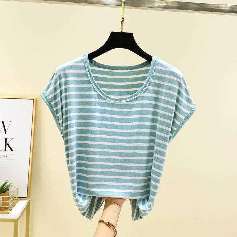 

Sleeveless Modal Plus size T-shirt Women Summer Thin Casual Base Top Loose Stripe round Neck Short sleeve Bottoming Shirt Pea green 2XL (70.00 kg-85.00 kg recommended