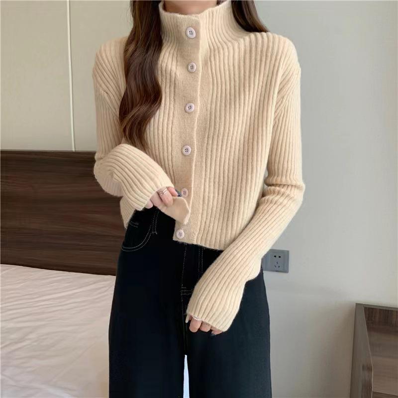 Elegant Stand Collar 100% Wool Knitted Cardigan - Slimming Long Sleeve Sweater Coat for Autumn & Winter