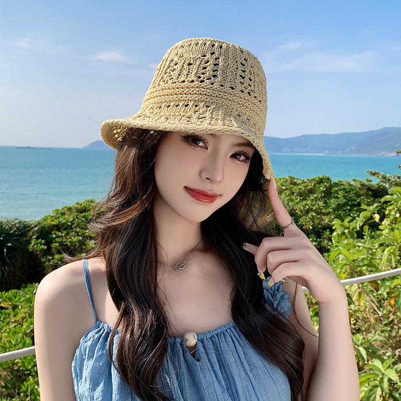 Summer breathable hollow straw knitted bucket hat women