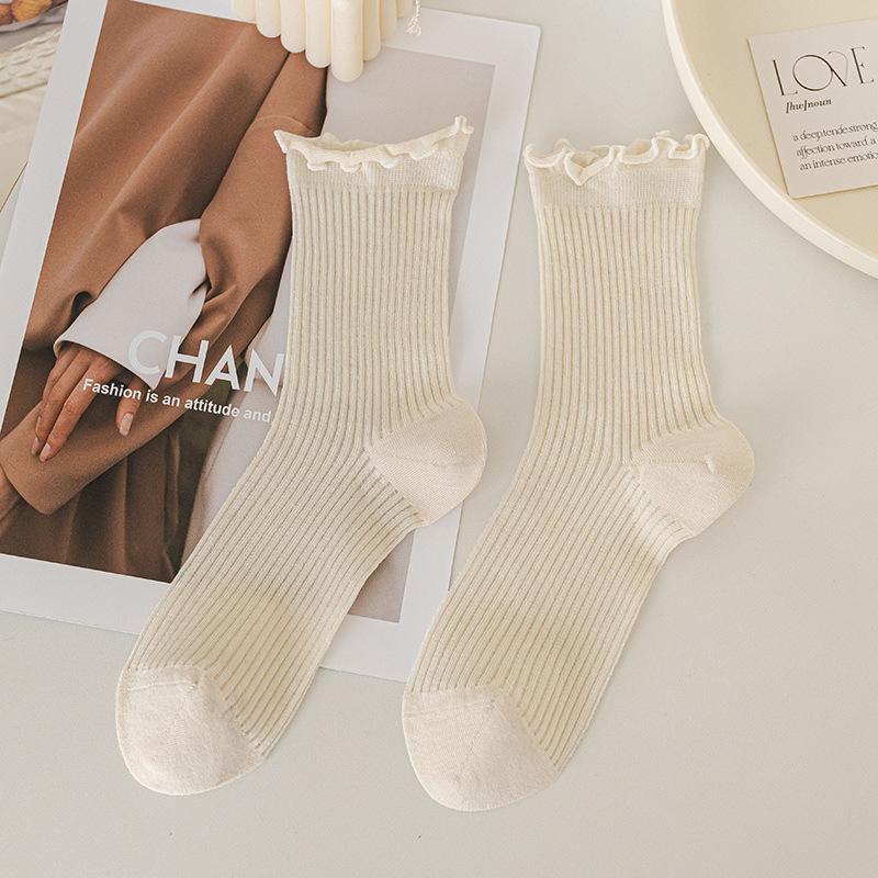 Ladies Summer Thin Wooden Ear Side Lovely Lace Vertical Bar Mesh Breathable Mid Tube Stack Socks