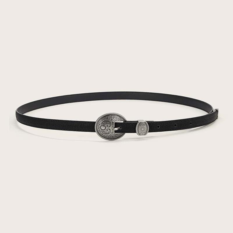 New Ladies' Retro Carved Ancient Silver Buckle Western Style Genuine Leather Thin Belt Pig Skin Peeled Versatile Fashion Belt