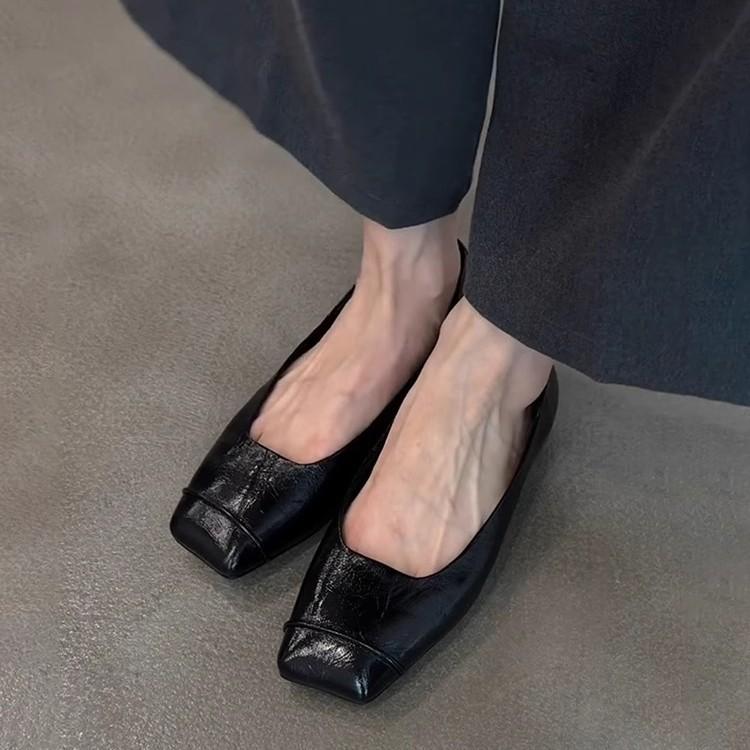Sheepskin Version~ Black Retro Thin Leather Comfortable Commuting Flat Shoes Women's Minimalist Square Head One Pedal Small Single Shoes