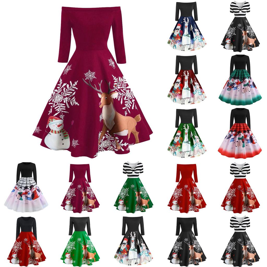 Christmas Women Off Shoulder Print Vintage Evening Party Dress Flare Dress