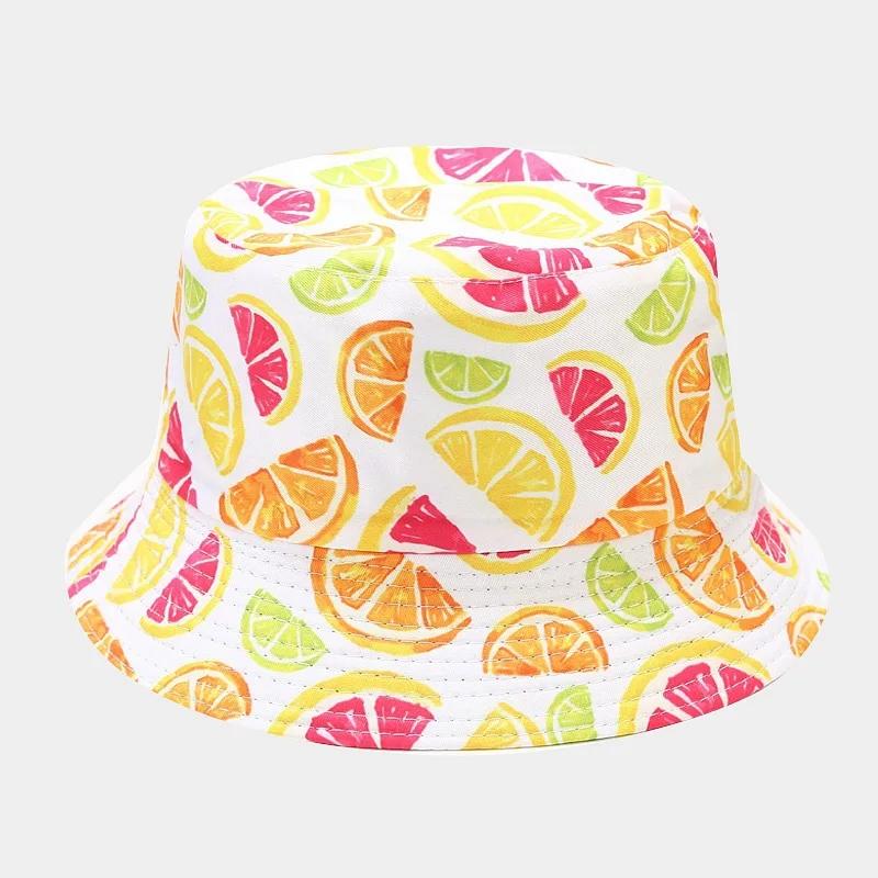 Summer Fruit Print Double-Sided Wearing Bucket Hats For Women Men Colorful Pineapple Lemon Panama Fisherman Caps Outdoor Sun Hat