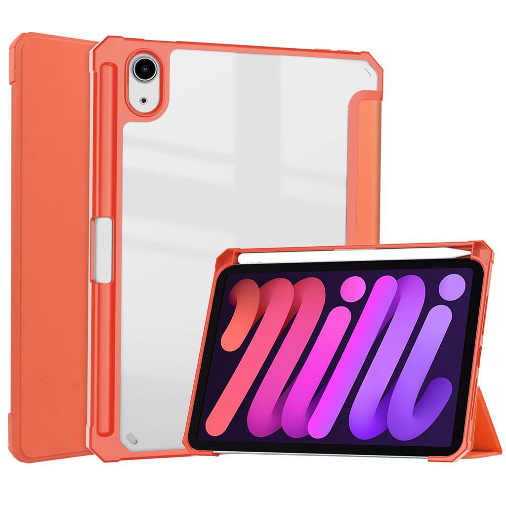 For iPad Mini 7 6 8.3'' with Pencil Holder-[Tri-fold Stand + Auto Wake/Sleep], High-grade Acrylic Case Transparent Back Cover