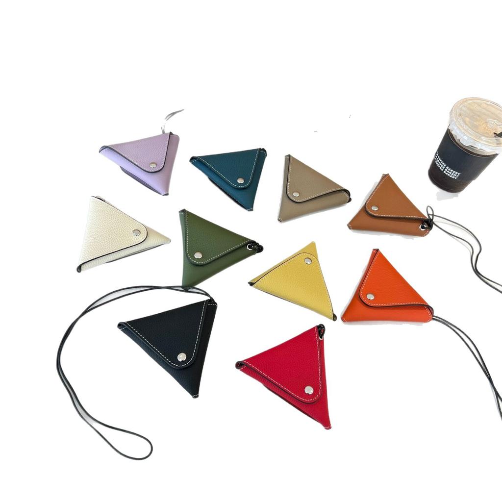 The First Layer Of Cowhide Fashionable Neck Red Envelope Earphone Bag Exquisite Mini Triangular Change Bag Versatile Beautiful Small Waste Bag