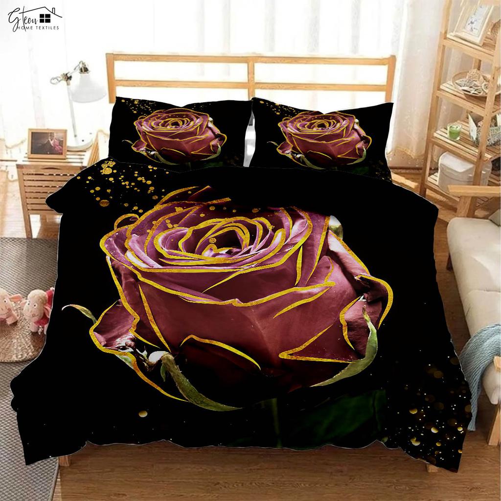 Czarna Retro Czerwona Róża Drukowana 3D Poszewka na Kołdrę Styl Pasterki Zestaw Pościeli Walentynkowej Poszewka na Poduszkę Poszewka na Kołdrę Zestaw Trzyczęściowy