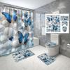 Blue Butterfly Print Polyester Shower Curtain Set With C-Hooks, Machine Washable, Waterproof Woven Bathroom Decor, Fashion Theme