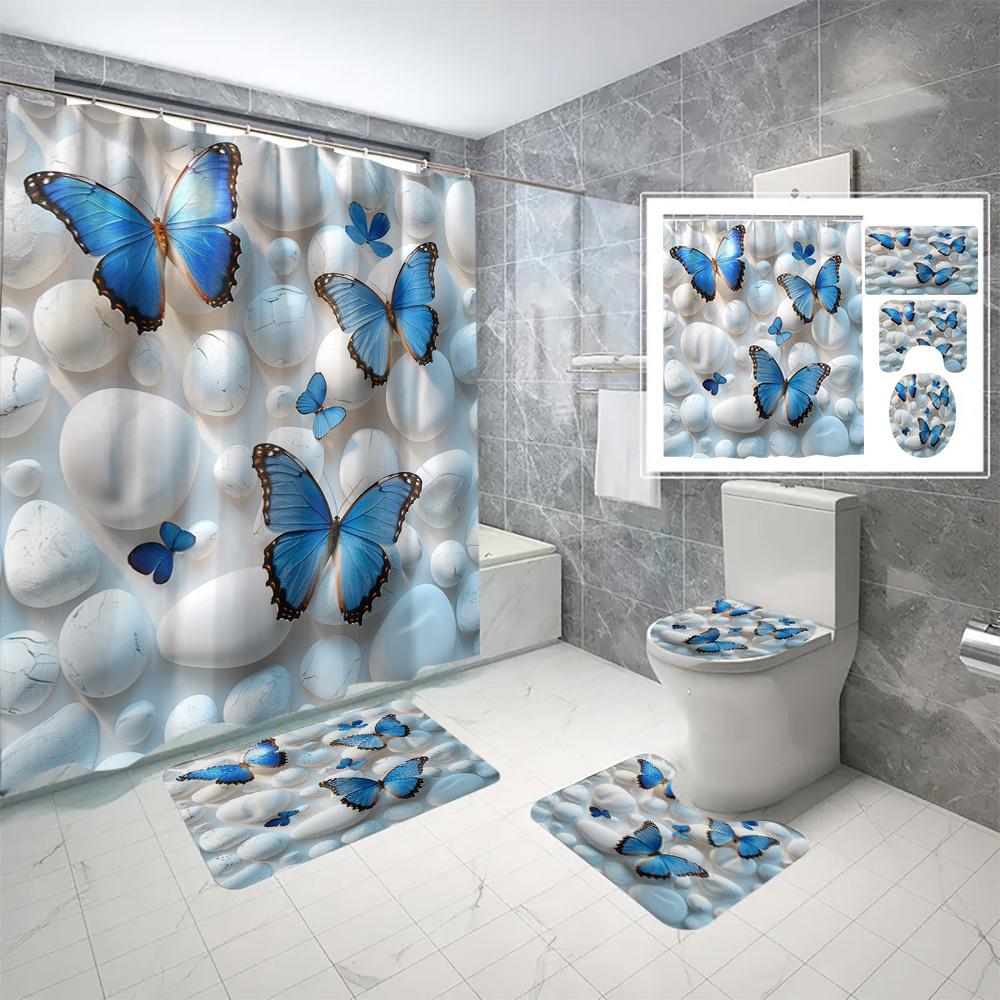 Blue Butterfly Print Polyester Shower Curtain Set With C-Hooks, Machine Washable, Waterproof Woven Bathroom Decor, Fashion Theme