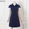 ZANZEA Women Casual Turn Down Collar Short Sleeve Dress