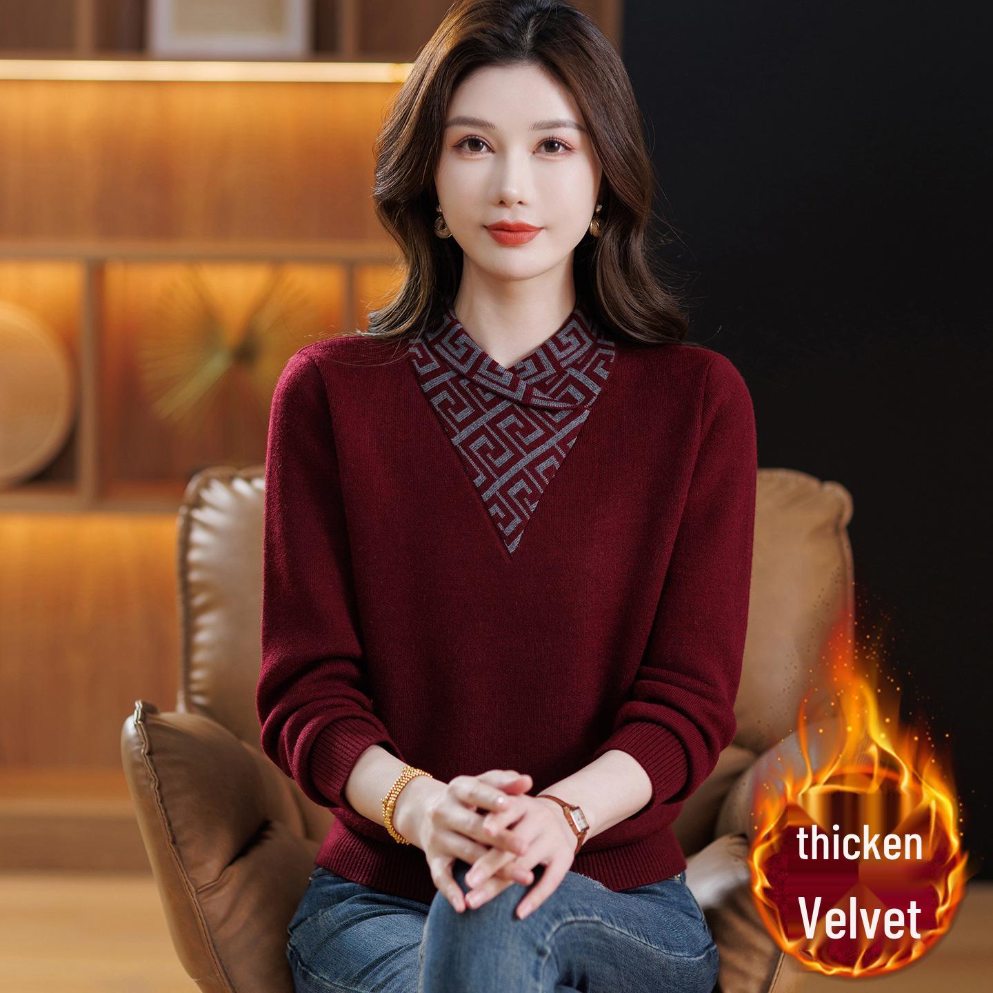 

Warm Velvet-Lined Sweater for Young & Mature Women: Elegant & Cozy for Autumn/Winter 3XL [Recommended 135-145 jin]