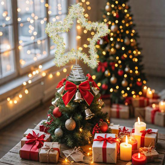 1/2Pcs Christmas 3D Tree Top Star Glittered Decoration with LED Lights Colorful Silk Threads Visual Appeal Holiday Seasonal Decor