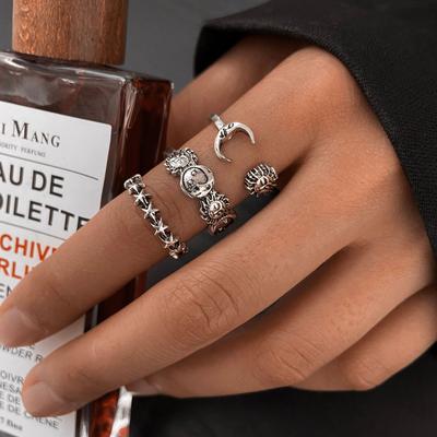 3 st Vintage Punk Måne Stjärnor Ringar för Kvinnor Retro Kopparfärg Geometrisk Sol Öppen Knoge Unisex Trendig Fingerring Zirkon