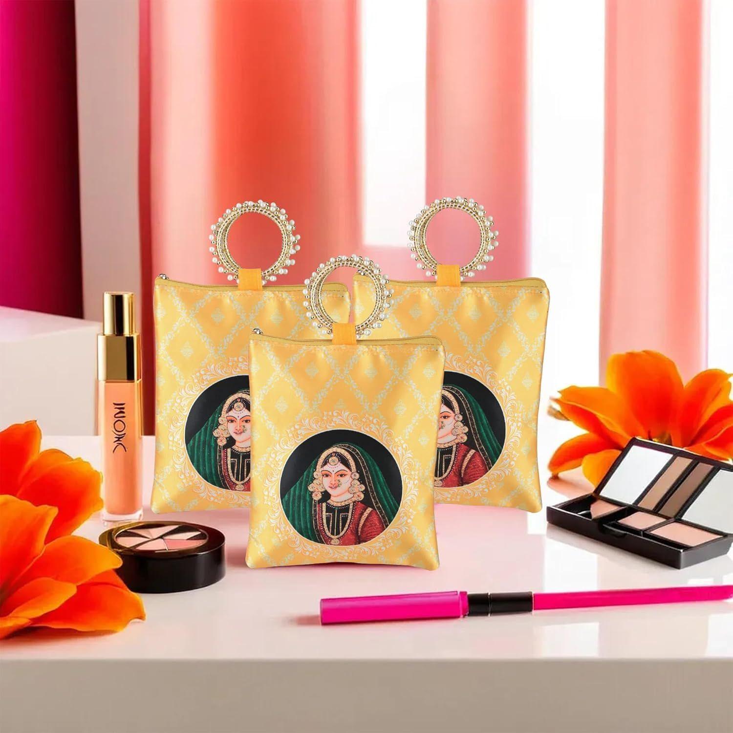 

3 Pcs Silk Small Hand Bags for Women Stylish with Zip & Handle | Traditional Handheld Bags for Women | Ethnic Ladies Purse Handbag for Return Gifts